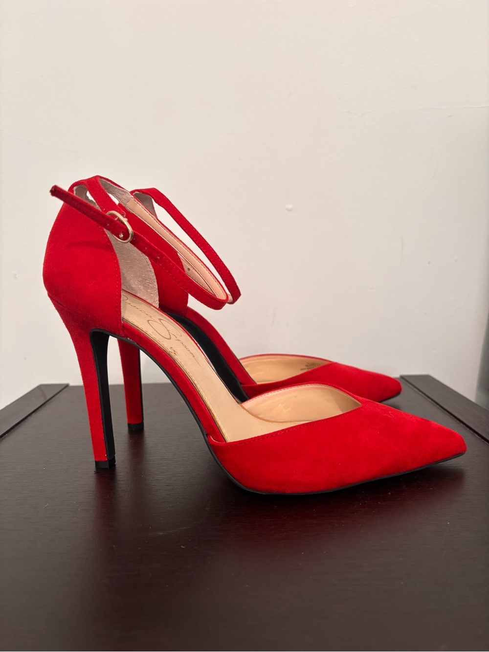 Red Suede Pointed-Toe Ankle-Strap Heels